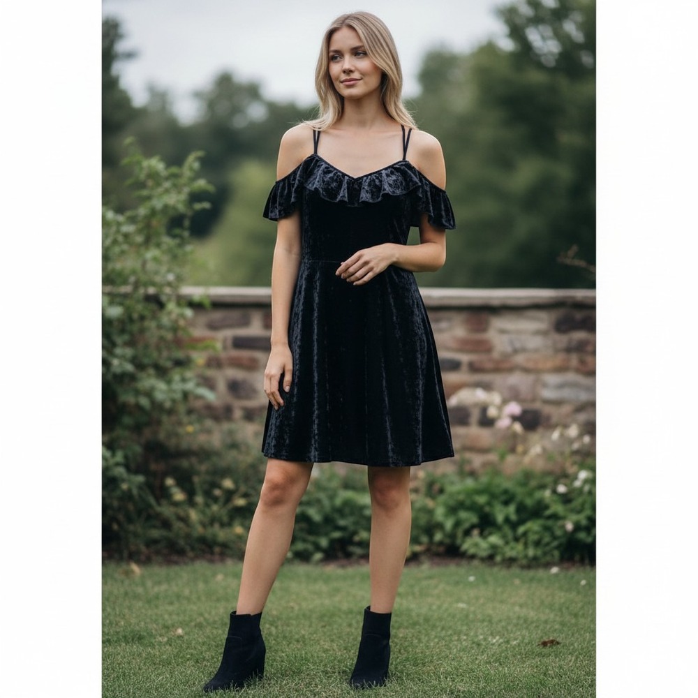 American Eagle Outfitters‎ Navy Blue Velvet Off The Shoulder Dress Sz Large